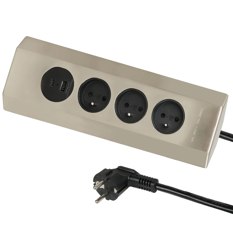 Electraline 35458 Stainless Steel Corner Power Strip - Easy to Attach to the Wall - with 3 x French Standard Sockets 16A + 2 x USB 3.1A Port (1 Type A and 1 Type C) 15.5W, Cable 2M H05VV-F Section