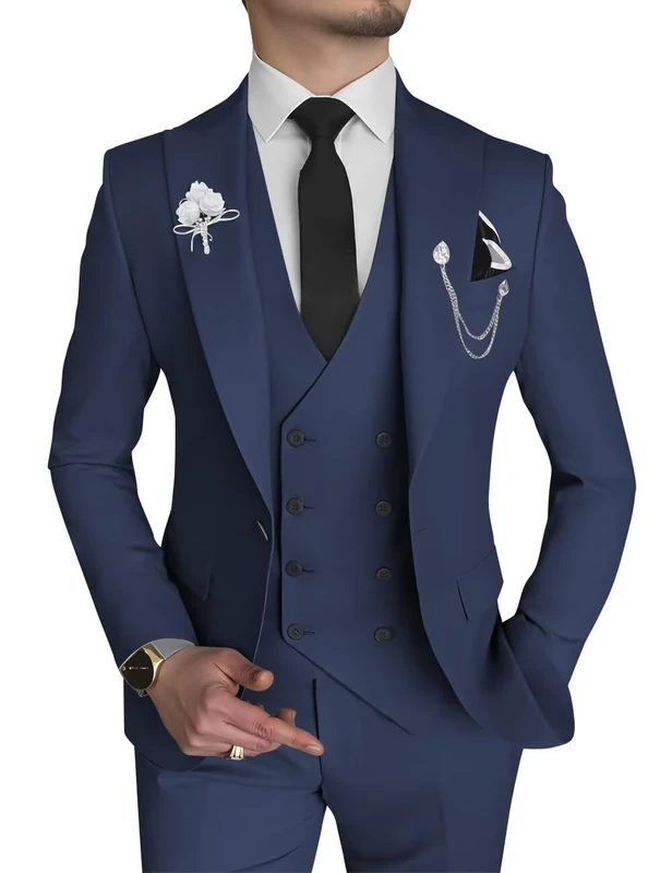 Men's Suit 2 Piece Slim Fit Double Breasted Blazer and Trousers Wedding Groom Tuxedo Peak Lapel Formal Prom Suits, Navy, S