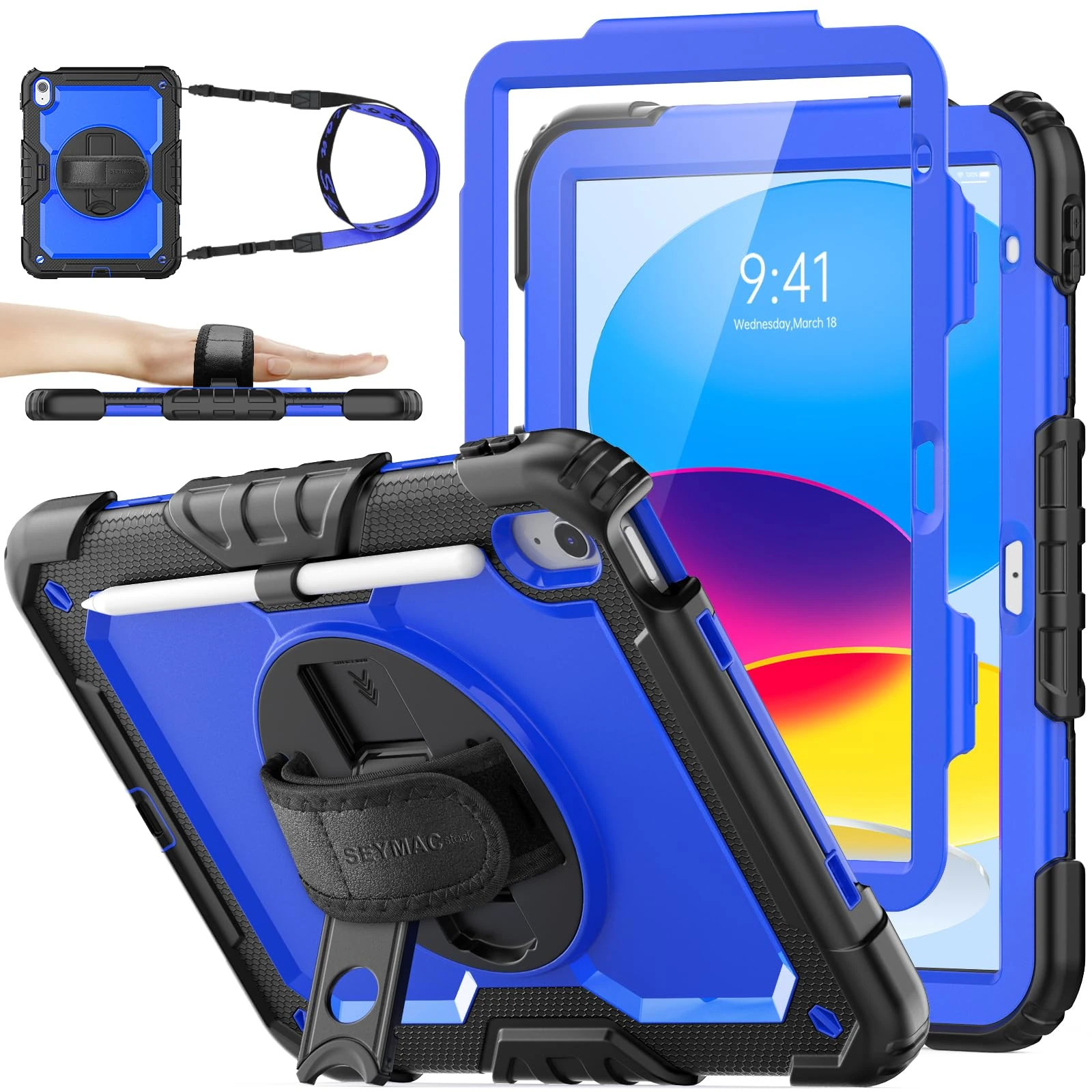 SEYMAC stock Case for iPad A16 11th/10th Generation (11/10.9 Inch) 2025/2022, Heavy Duty Shockproof with Screen Protector, 360° Rotating Stand/Hand Strap, Pencil Holder & Shoulder Strap, Blue