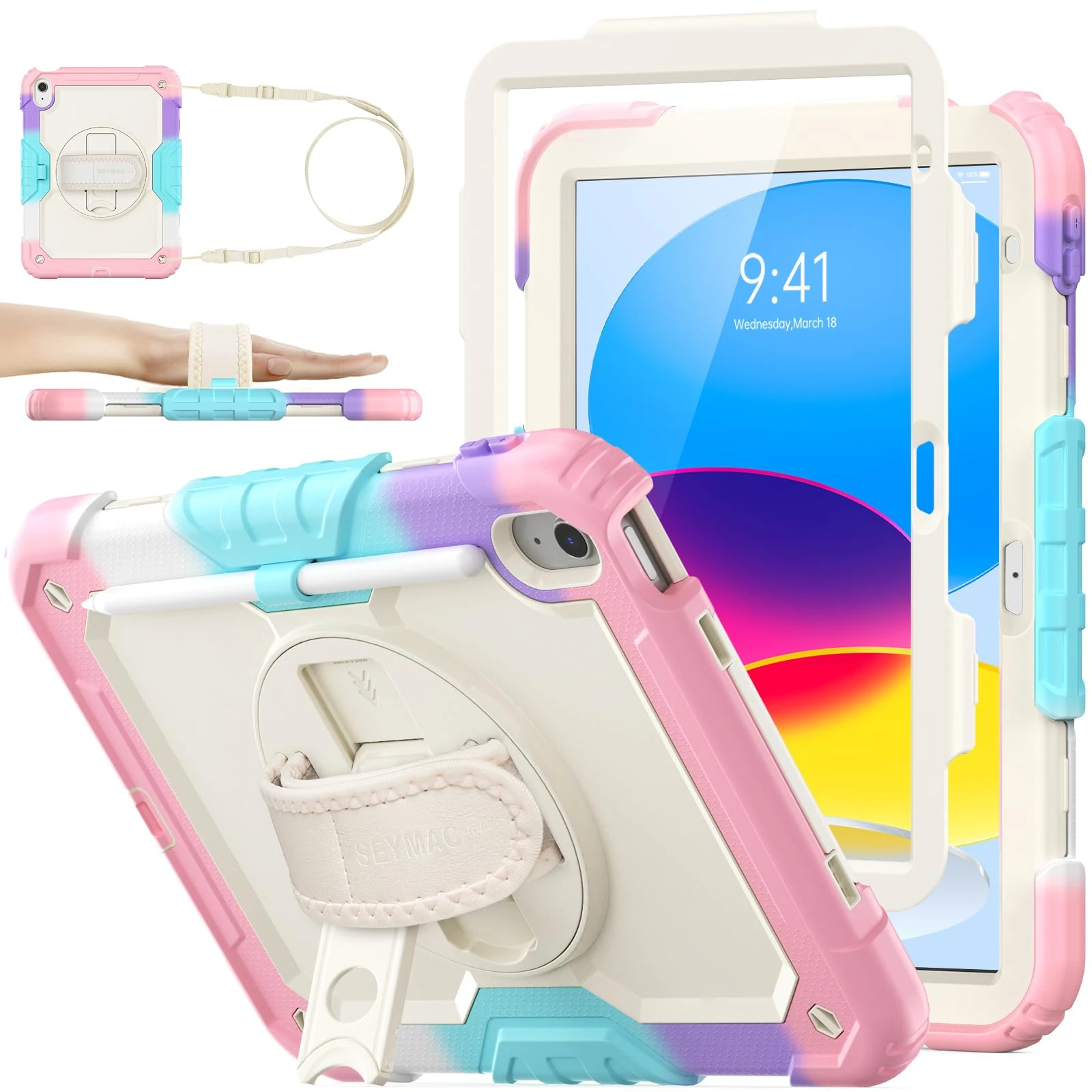 SEYMAC stock Case for iPad A16 11th/10th Generation (11/10.9 Inch) 2025/2022, Heavy Duty Shockproof with Screen Protector, 360° Rotating Stand/Hand Strap, Pencil Holder & Shoulder Strap, Beige+Pink