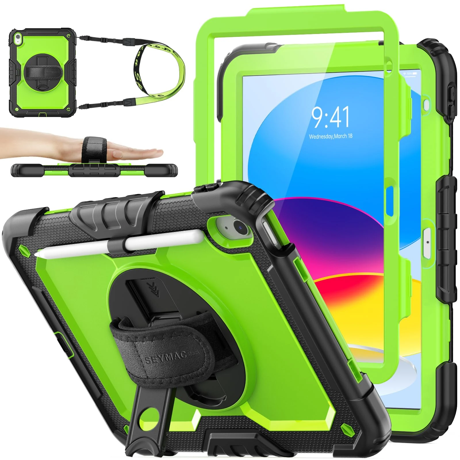 SEYMAC stock Case for iPad A16 11th/10th Generation (11/10.9 Inch) 2025/2022, Heavy Duty Shockproof with Screen Protector, 360° Rotating Stand/Hand Strap, Pencil Holder & Shoulder Strap, Green
