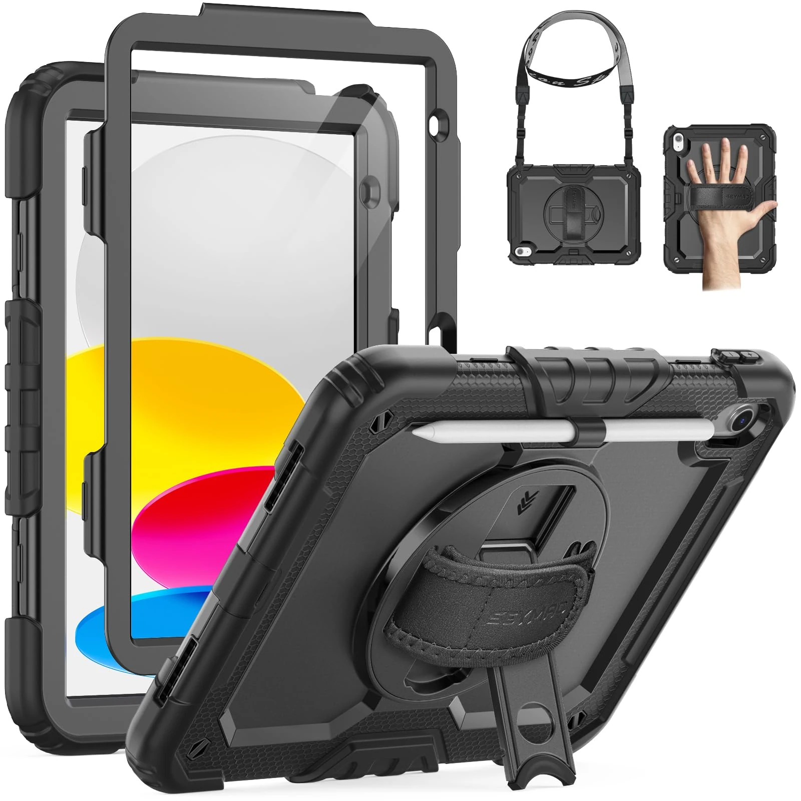 SEYMAC Case for iPad 11th/10th Generation 2025/2022 A16 11inch/10.9inch, Heavy Duty Shockproof with Screen Protector, 360° Rotating Stand/Hand Strap/Pencil Holder for iPad 11 Cover, Black