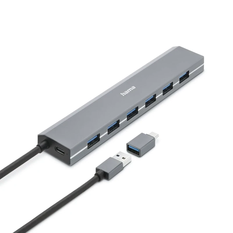 Hama USB Hub 7 Ports USB-A and USB-C Port with Power Supply, 7x USB-A for Mouse, Keyboard, External Hard Drive, USB Flash Drive, etc., Aluminum Case, USB Adapter for Office, Home Office