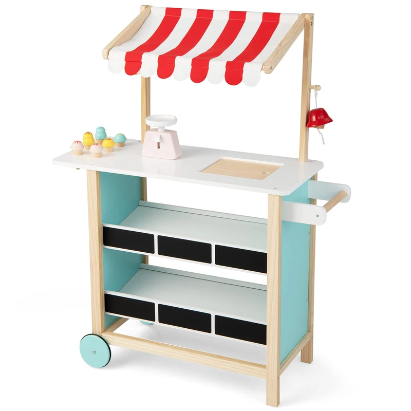 GYMAX Wooden Ice Cream Cart, Kids Pretend Play Grocery Store