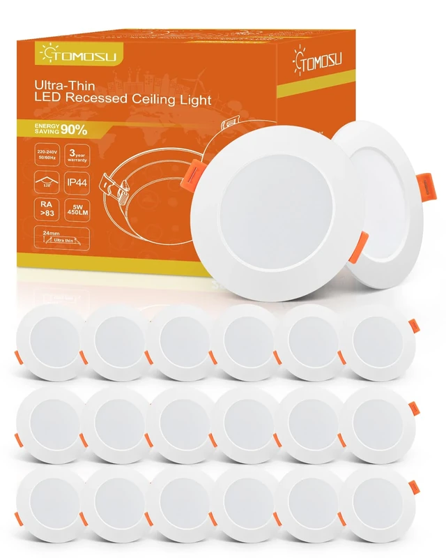 Tomosu LED Downlights for Ceiling Warm White 6000K 5W 450LM, AC 220-240V, Cut Φ75-90mm, 24mm Ultra Slim LED Recessed Ceiling Lights, IP44 Spotlights for Bathroom, 20 Pack
