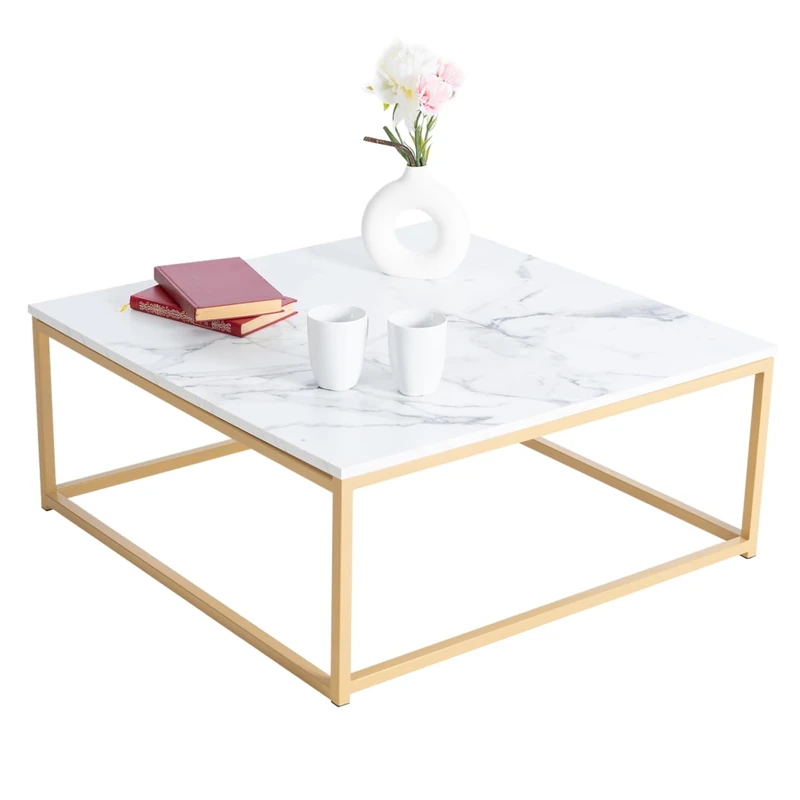 MEUBLE COSY Marble Look Coffee Table - White and Gold 80cm