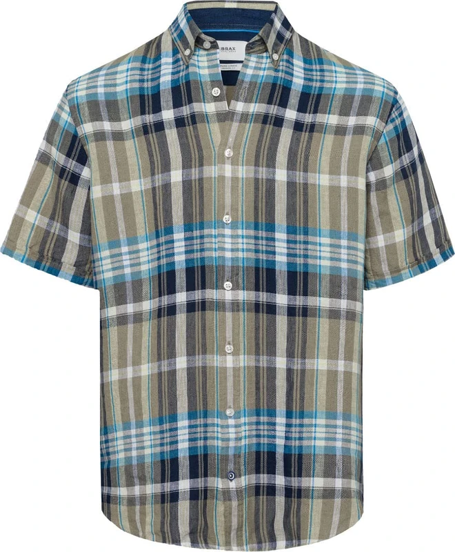 BRAX Men's Style Dan C Pure Checked Short Sleeve Linen Shirt, Hay, 3XL - Image 1