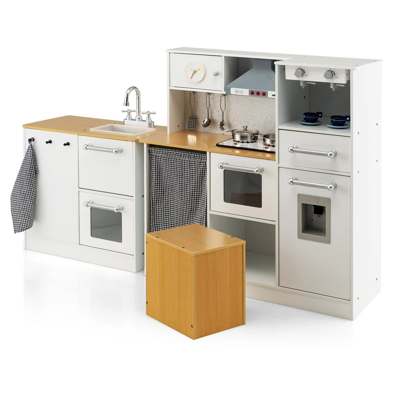 GYMAX Kids Play Kitchen, Wooden Corner Toy Kitchen with Washing Machine, Range Hood, Coffee Maker, Water Dispenser, Cooking Accessories, Realistic Light & Sound, Children Kitchen for 3 Years Old +