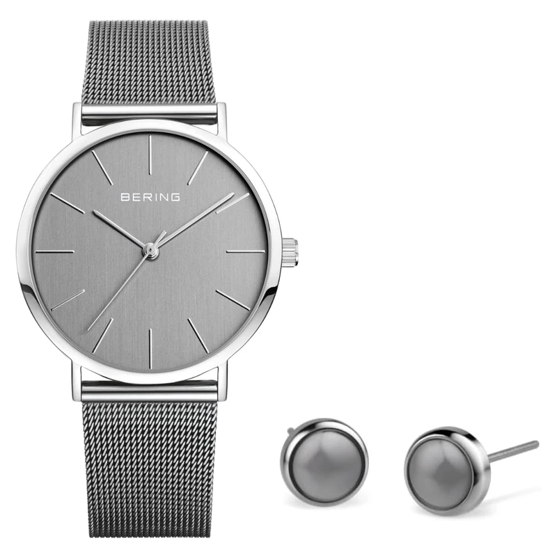 BERING Women's Quartz Watch, 36 mm Silver Stainless-Steel Case and Grey Dial, Milanese Strap, Sapphire Crystal, 3 ATM, 13436-309-GWP