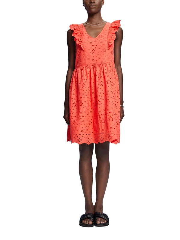 ESPRIT EDC Cotton lace Dress, Coral Orange, M