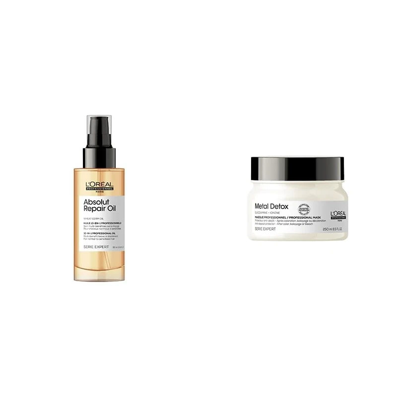 L’Oréal Professionnel Metal Detox Hair Mask & Shiny Looking Hair, Rich & Creamy Texture, Serie Expert, 250 ml & L’Oréal Professionnel 10-in-1 Leave-in Oil