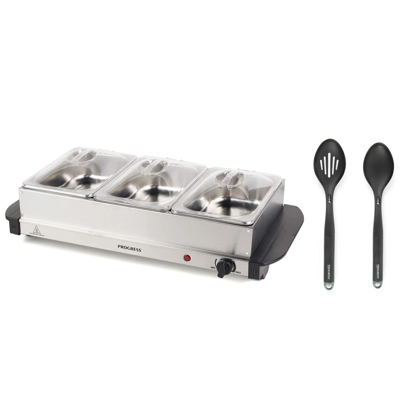 Progress COMBO-7929 3 Pan Buffet Server, Shimmer Slotted Spoon and Solid Spoon, Dual Function Hot Plate, Soft-Touch Handle, Portable Chafing Dish, Ideal for Entertaining and Serving Hot Food