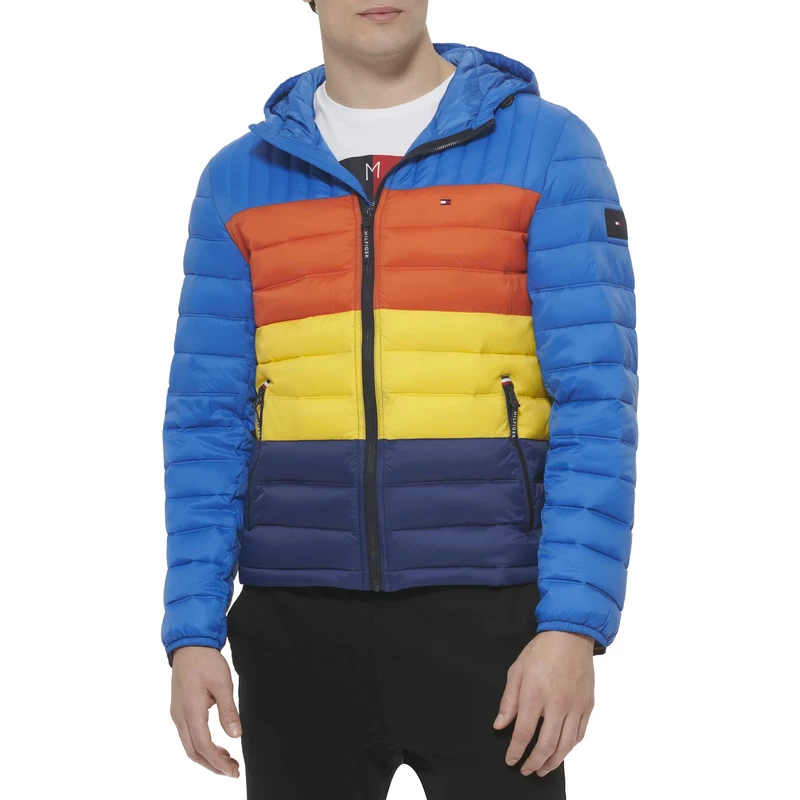 Tommy Hilfiger Men's Water Resistant Ultra Loft Filled Hooded Puffer Jacket Down Alternative Coat, Blue Multi Colorblock, M