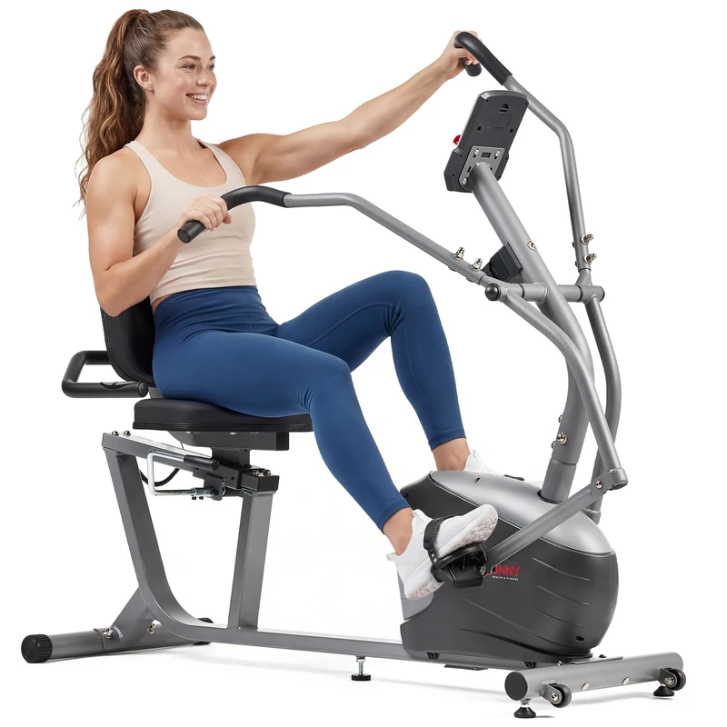 Sunny Health & Fitness Smart Recumbent Bike with Dual-Motion Arm Exercisers