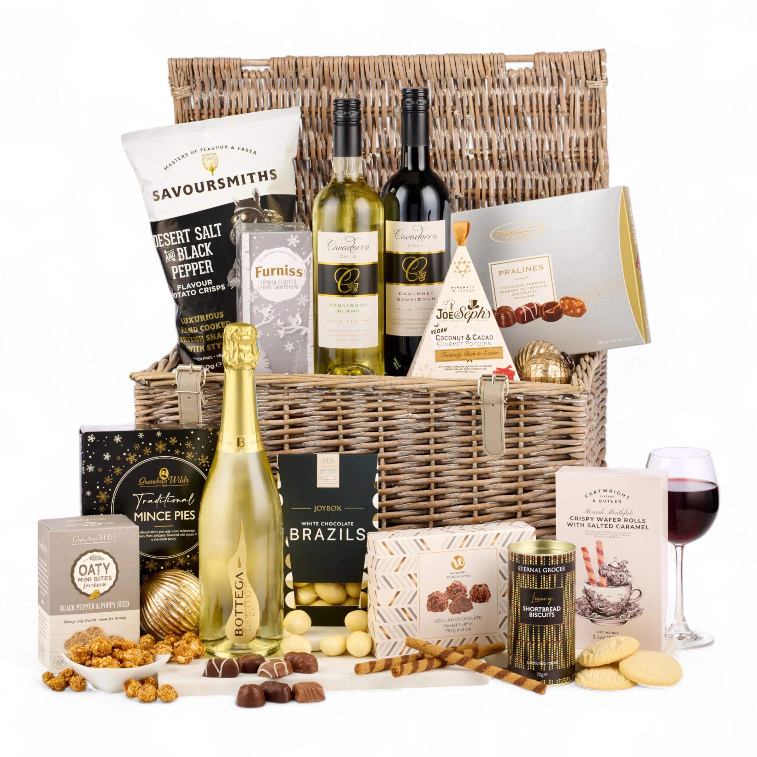Thornton and France Frosty Nights Luxury Christmas Food Hamper Gift Basket | Prosecco Gift with Red Wine & White Wine | 13 Sweet and Savoury Snacks