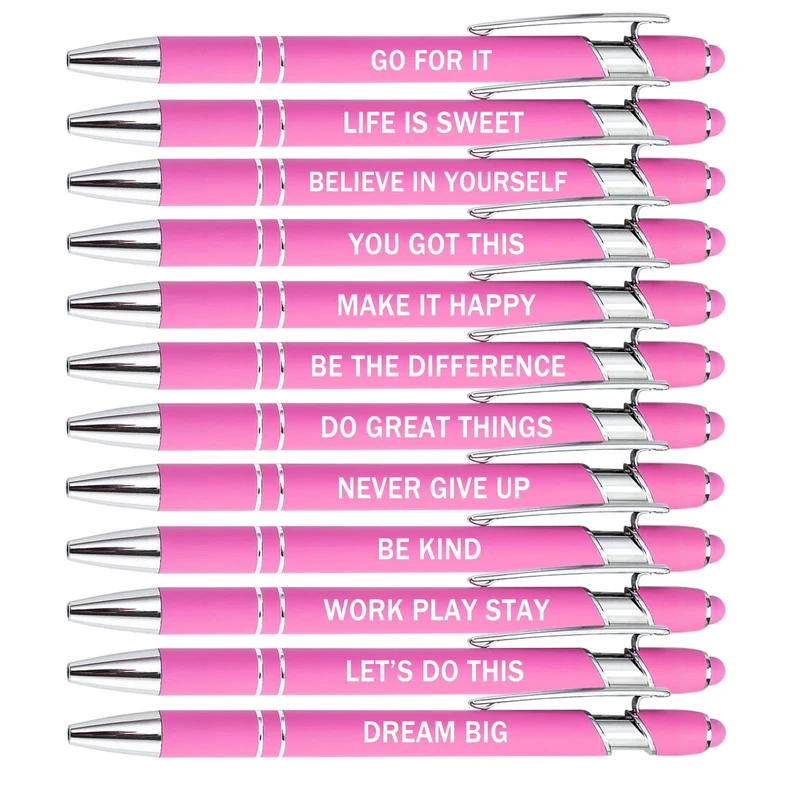 PASISIBICK 12 Pieces Pink Inspirational Motivational Quotes Snarky Screen Touch Stylus Ballpoint Pens, Office Encouraging Scriptures, Black Ink (Pink,Motivational)