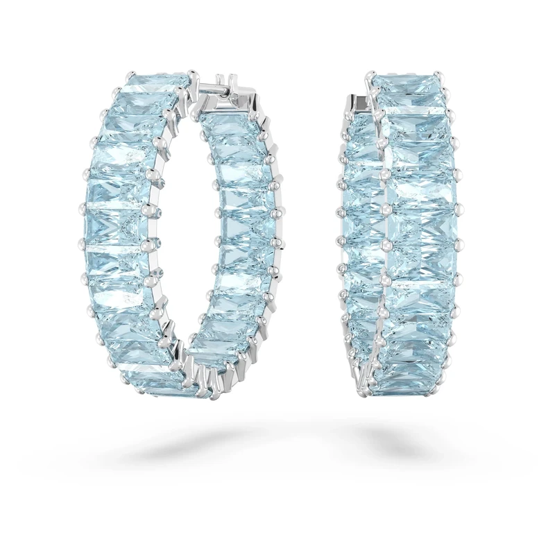 Swarovski Matrix hoop earrings, Baguette cut, Blue, Rhodium plated