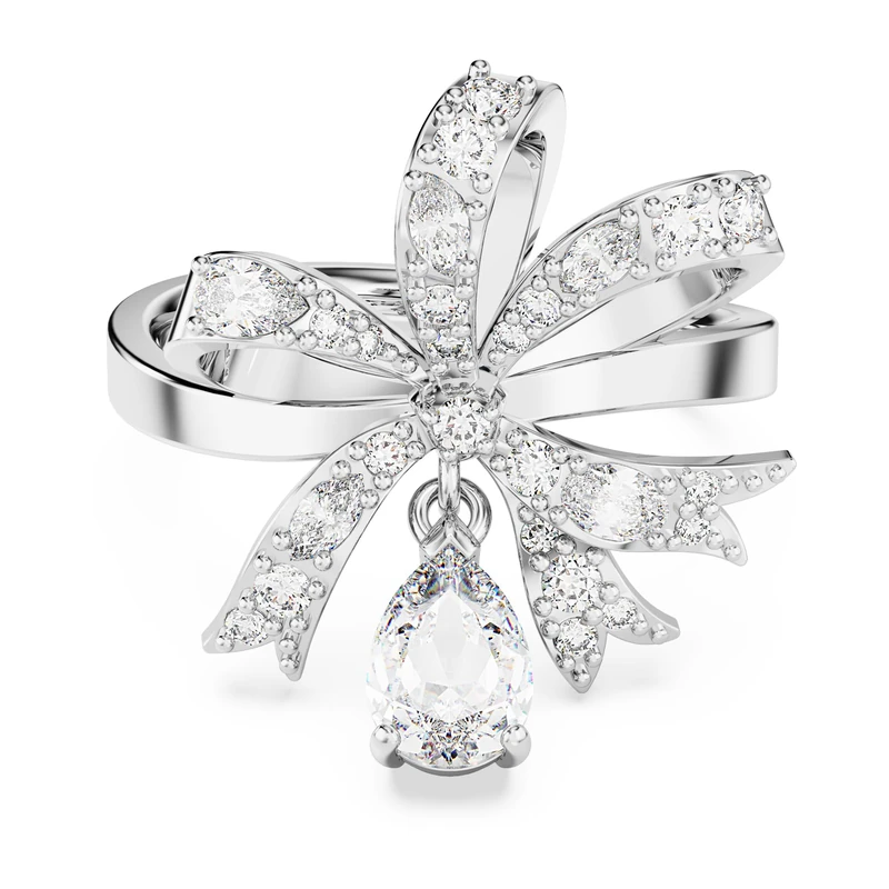 Swarovski Volta cocktail ring, Bow, White, Rhodium plated, 55