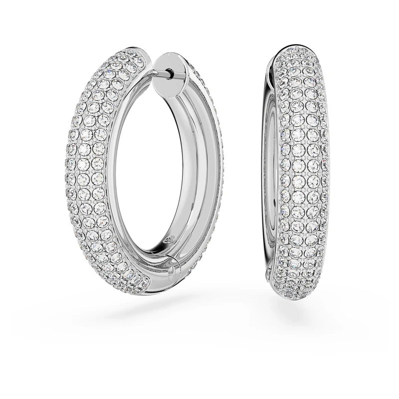 Swarovski Dextera hoop earrings, Pavé, White, Rhodium plated