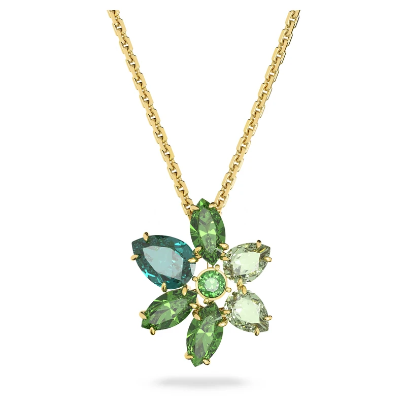 Swarovski Gema pendant, Mixed cuts, Flower, Green, Gold-tone plated