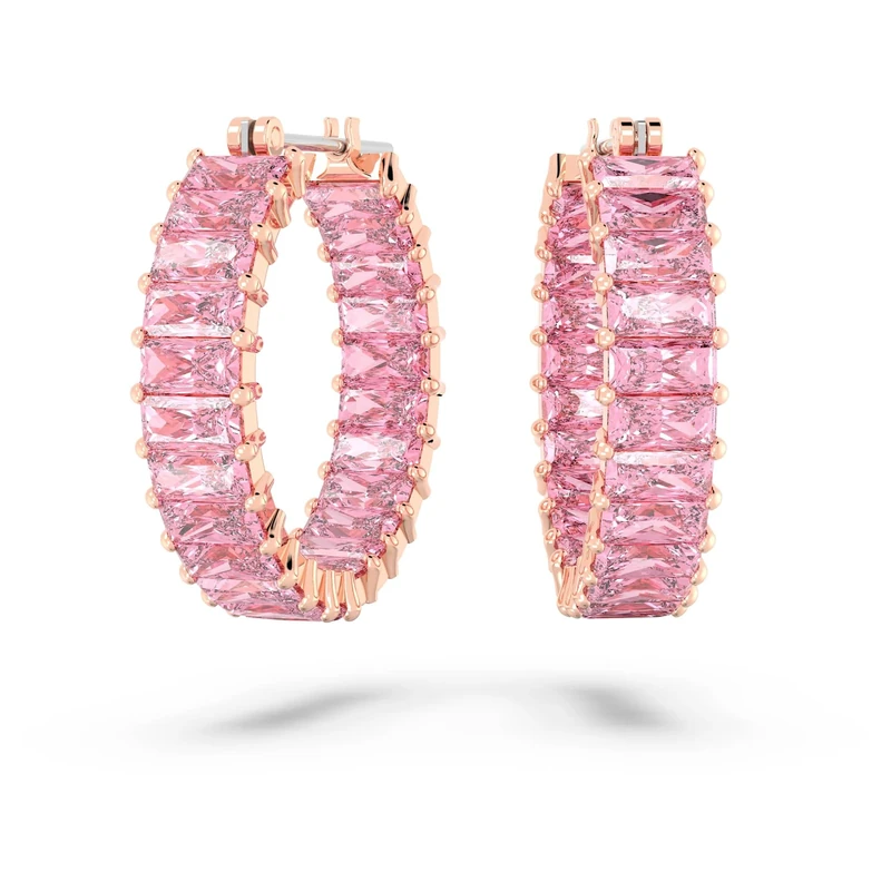 Swarovski Matrix hoop earrings, Baguette cut, Pink, Rose gold-tone plated