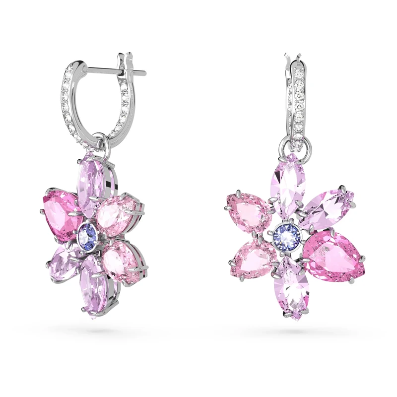 Swarovski Gema drop earrings, Mixed cuts, Flower, Pink, Rhodium plated