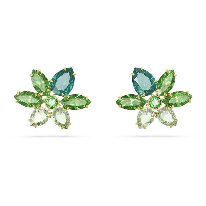 Swarovski Gema stud earrings, Mixed cuts, Flower, Green, Gold-tone plated
