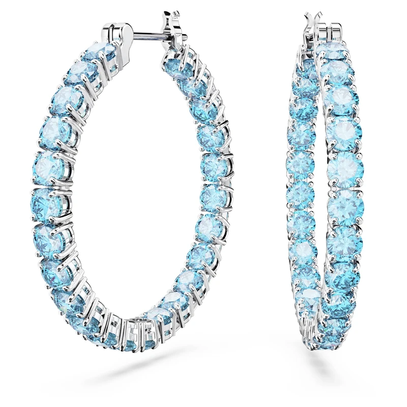 Swarovski Matrix hoop earrings, Round cut, Blue, Rhodium plated