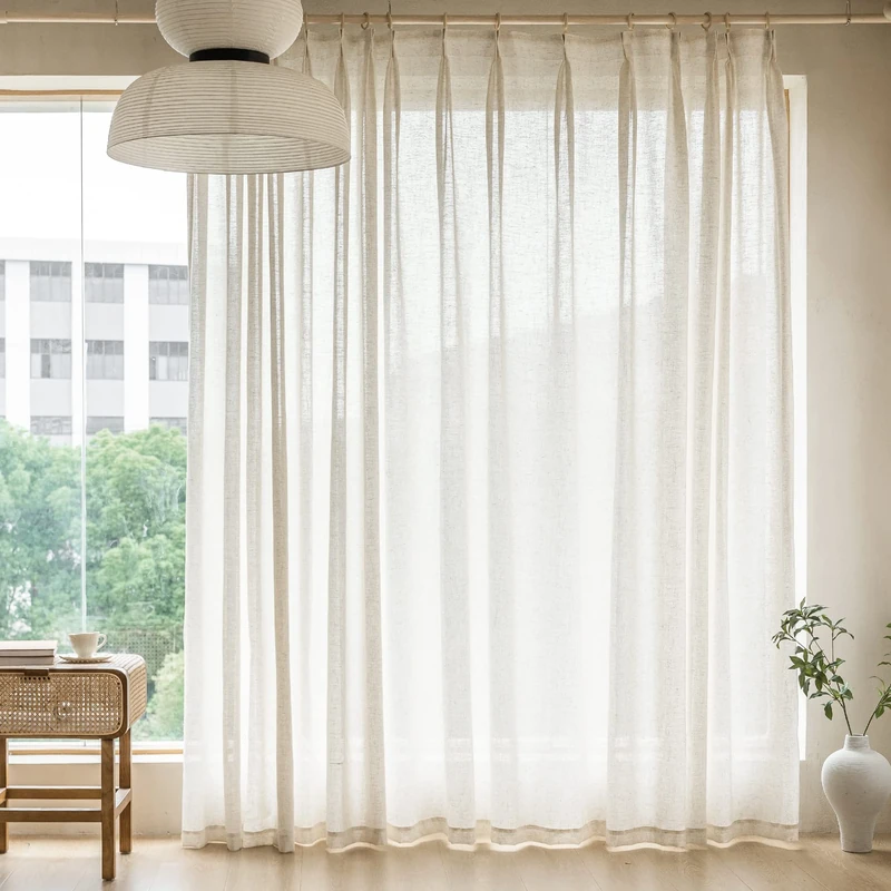 MAIHER Extra Wide Curtains Pinch Pleated, Light Filtering Faux Linen Texture Semi Sheer Curtains 96 inch Length for Living Room Pinch Pleat Drapes with Hooks (1 Panel, 100 W x 96 L)