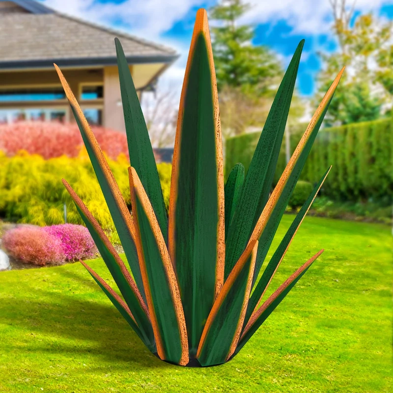 KODIBO Large Tequila Rustic Sculpture, Rustic Metal Plants for Outdoor Patio Yard, Home Decor Hand Painted Agave Garden Statue, Outdoor Lawn Ornaments Yard Stakes (Dark Green - L)