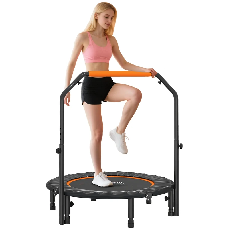 HOMCOM 40" Foldable Mini Trampoline Fitness Trampoline Rebounder for Adults with Adjustable Foam Handle, for Indoors, Outdoors, Cardio Training, 150kg Weight Capacity, Orange