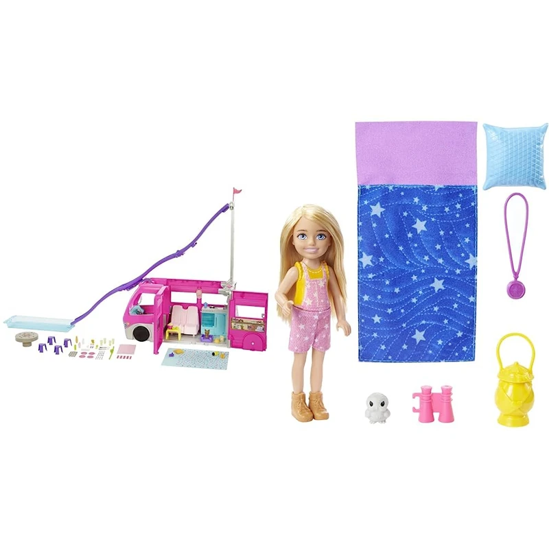 Barbie Camper | DreamCamper Vehicle Playset | 60+ Barbie Accessories and Furniture Pieces | 7 Play Areas Including Pool and Slide& It Takes Two Chelsea Camping Doll with Pet Owl & Accessories