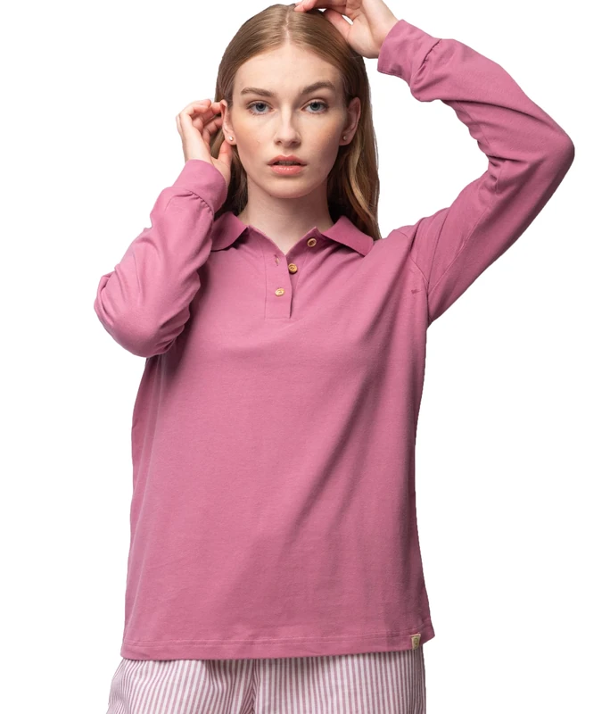 greenjama Ladies Long Sleeve Polo Collar GOTS Certified Pyjama Top, Grape, 14 - Image 1