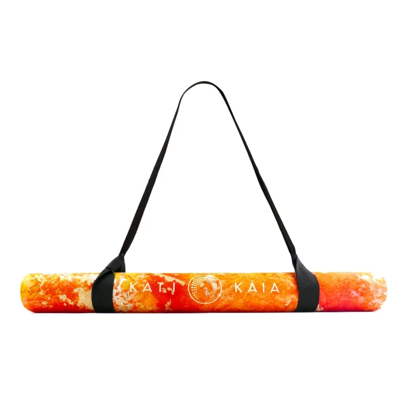 Kati Kaia Original Travel Yoga Mat, Lighter Cushioning, Aurelia Orange Abstract Artwork, Sacral Energy Mat, Lighter for Travel, Long, Wide., Carry Strap, 2 mm