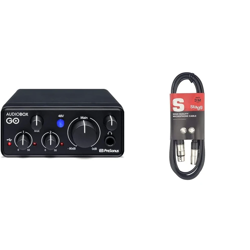 PreSonus AudioBox GO | USB-C Audio Interface for music production with Studio One DAW Recording Software, Music Tutorials & Stagg SMC3 3m XLR to XLR Plug Microphone Cable, Black