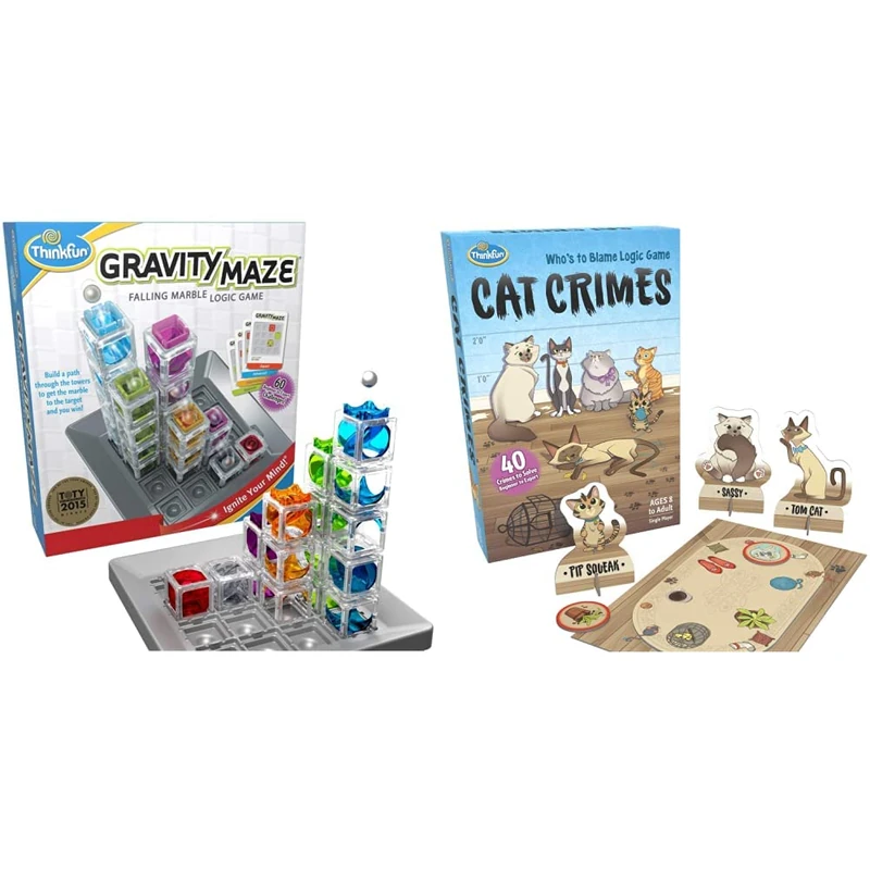 ThinkFun Gravity Maze Falling Marble Challenge Logic Brain Game and STEM & Cat Crimes Who’s to Blame Logic Challenge Game for Kids Age 8 Years Up - Brain Teaser
