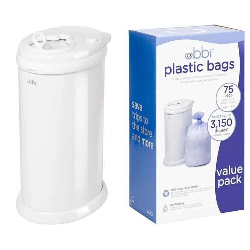 Ubbi Steel Nappy Disposal Bin, White (10000) & Plastic Bags, Nappy Refill Bags 75 - Pack, 3 - Count