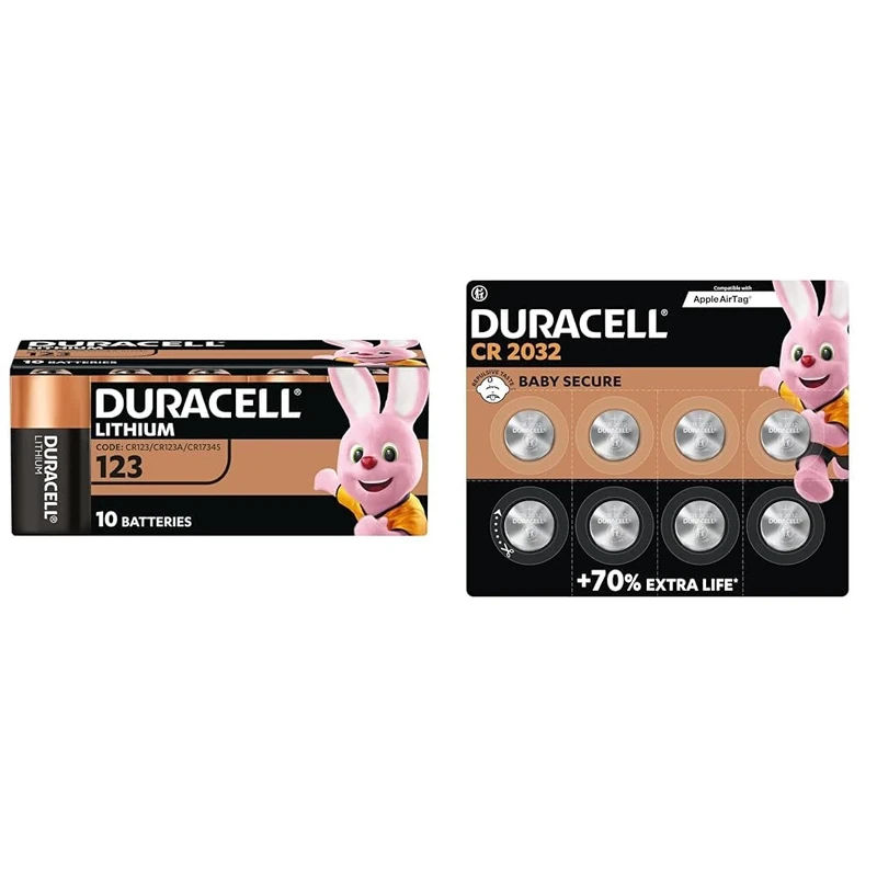 DURACELL CR123 (10 Pack) high power lithium battery 3V(CR123A /CR17345)–For use in Cameras & 2032 Lithium Coin Batteries 3V (8 Pack) - Up to 70% Extra Life - Baby Secure Technology