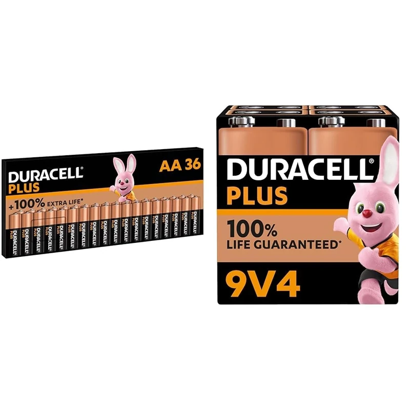 Duracell Plus AA Batteries (36 Pack) - Alkaline 1.5V - Up To 100% Extra Life - Reliability & Plus 9V Batteries (4 Pack) - Alkaline - 100% Life Guarenteed