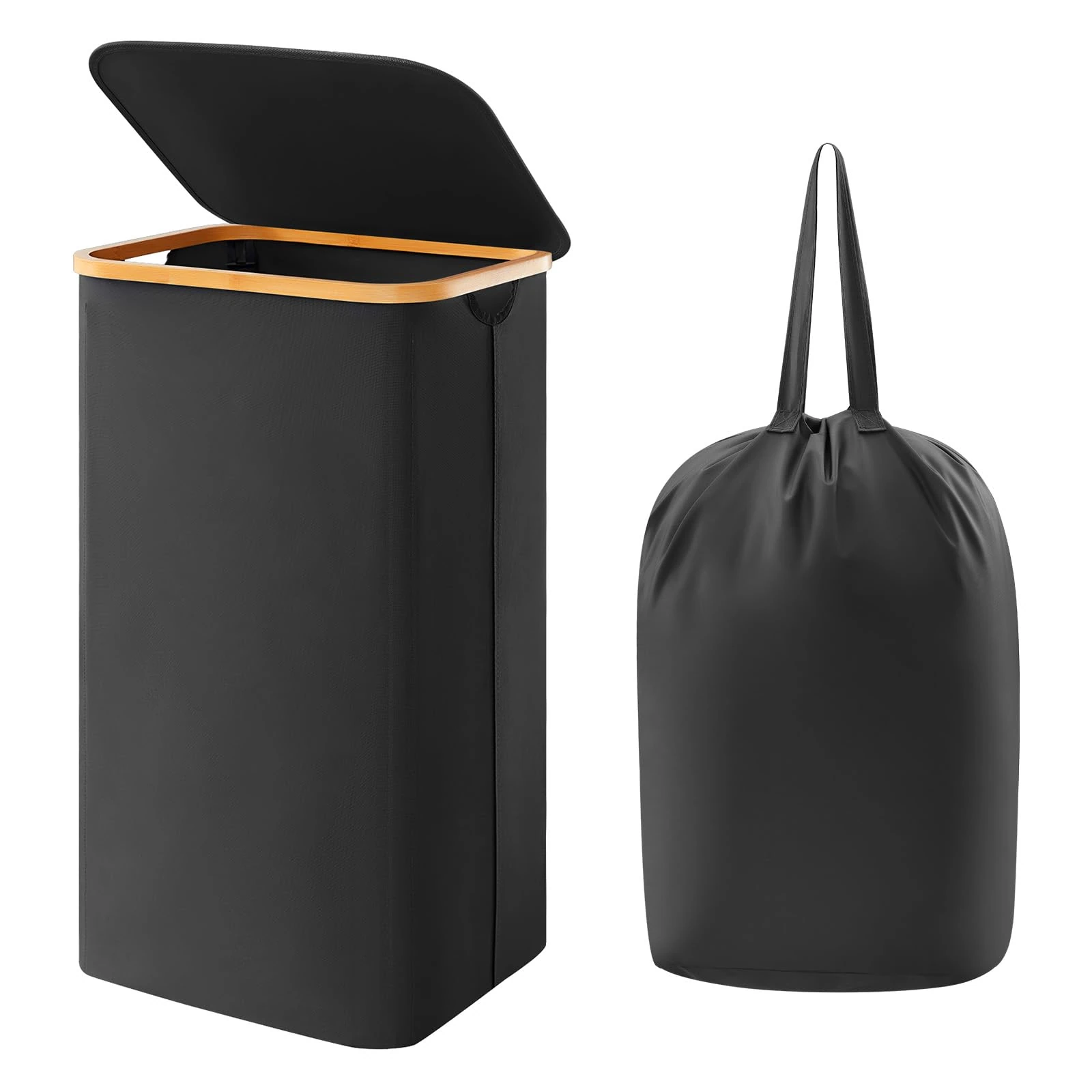 Lifewit 100L Laundry Basket with Lid, Clothes Hampers for Laundry with Bamboo Handles and A Removable Laundry Bag, Large Foldable Laundry Hamper for Bedroom, Bathroom, Dorm, Laundry Room, Black