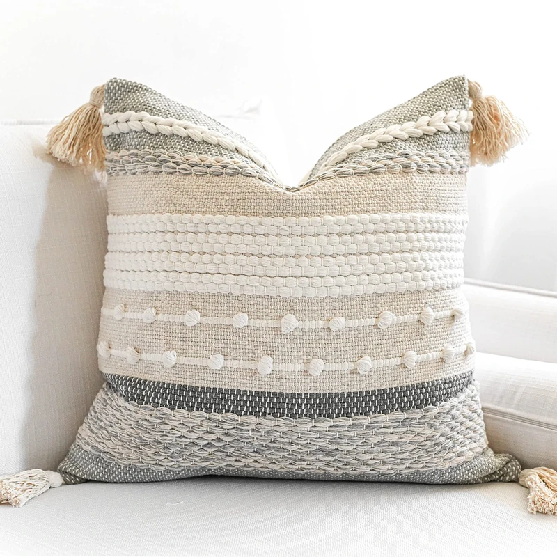 BlissBlush Bluish Gray & Cream Boho Throw Pillow Case, Decorative Woven Textured Pillow Cover, Sofa Couch Pillow Cover with Tassels