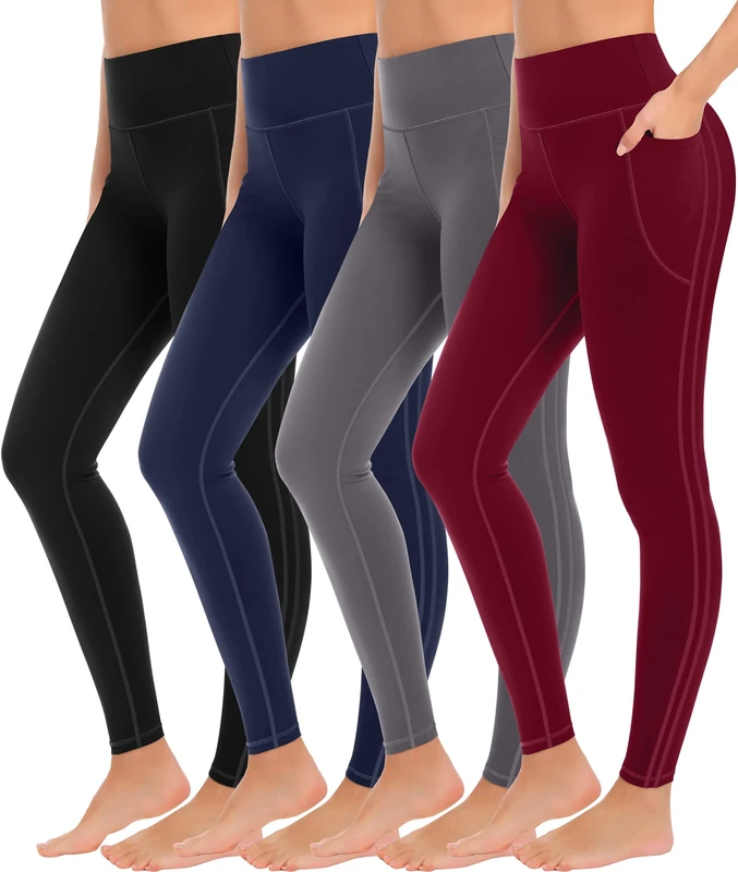 MIRITY 4 Pack Yoga Leggings with Pockets for Women - High Waist Tummy Control Pants for Workout, #8 Black/Grey/Navy/Burgundy, XL