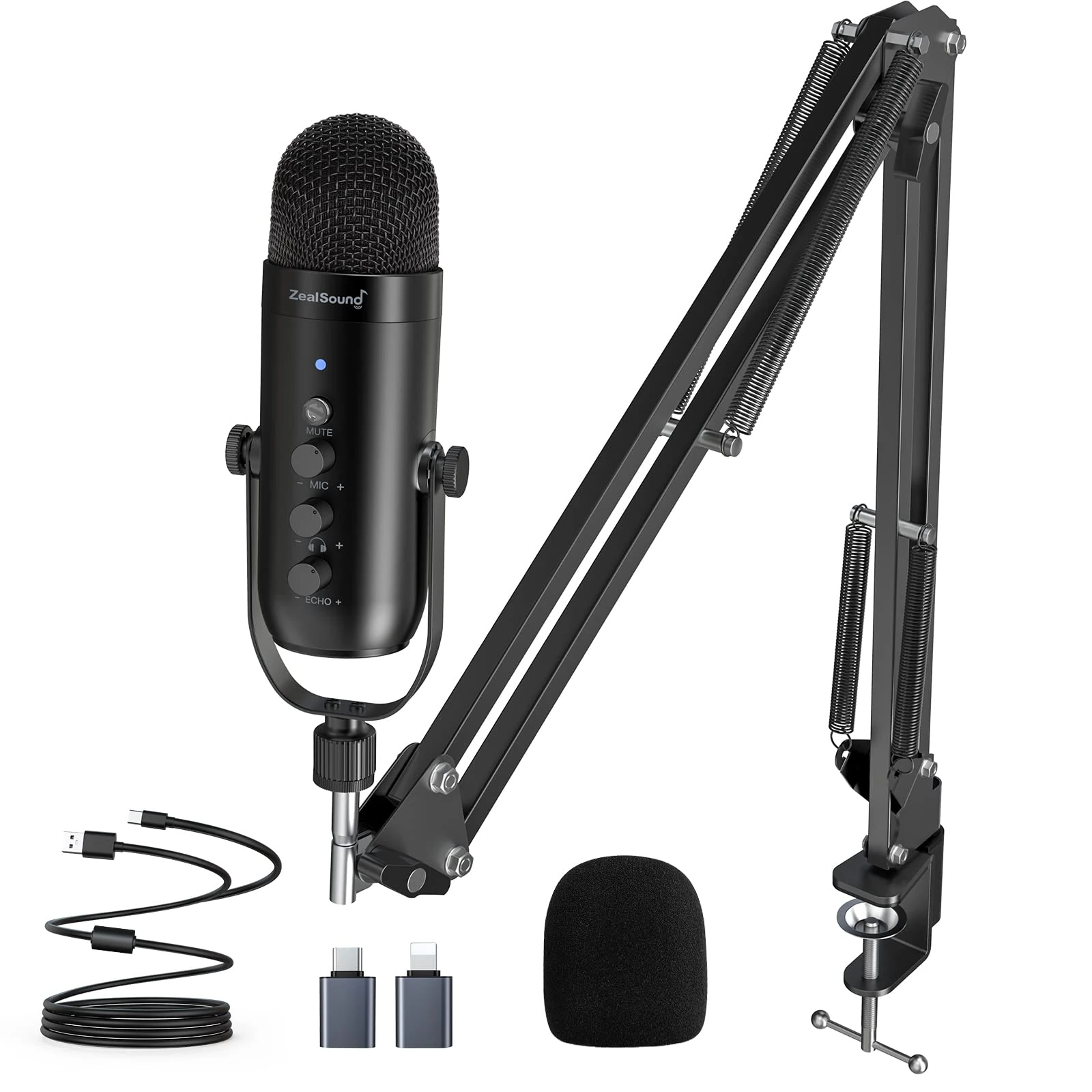 zealsound USB Microphone Kit for PC iPhone Phone, with Arm/Noise Reduction/Mute, Condenser Podcast Mic for Streaming, Recording, Gaming ASMR YouTube on PS5 Mac, Incl. USB-C & Lightning Adapter, k66S