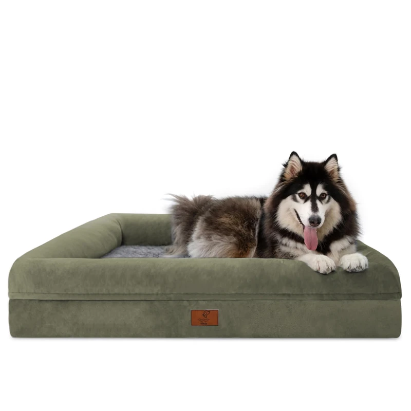Yiruka Dog Beds for Extra Large Dogs, Orthopedic Egg Crate Foam Dog Bed with Removable Washable Cover, Waterproof Non-Slip Bottom 4-Sides Removable Bolster XL Pet Couch, Olive Green