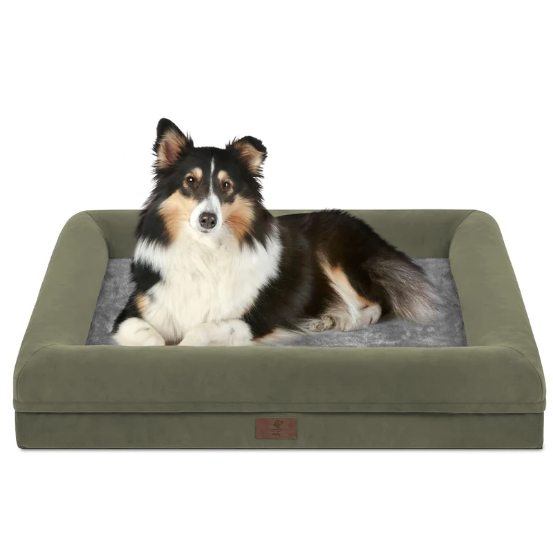 Yiruka Large Orthopedic Dog Bed, Waterproof Dog Bed with Removable Cover, Washable Pet Beds for Large Dogs, 4-Sides Removable Bolster Egg Crate Foam Soft Couch with Nonskid Bottom, Olive Green