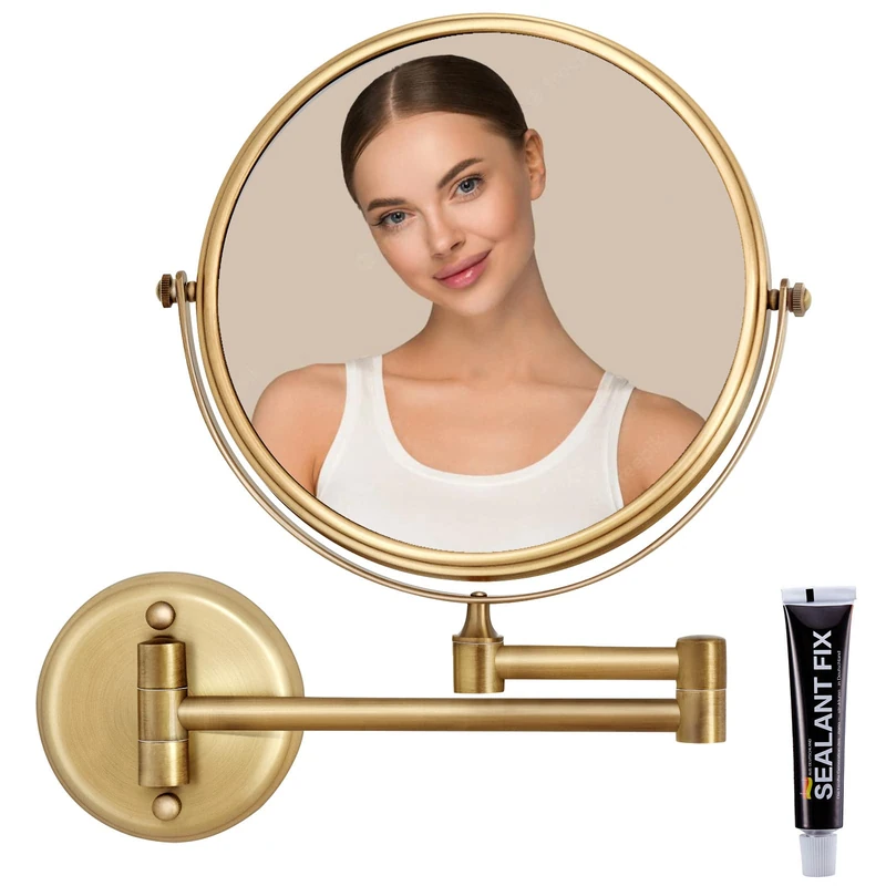 RECKODOR 8 Inch Brass Bathroom Magnifying Mirror Wall Mounted 5X, 360 Swivel Extendable Arm Cosmetic Mirror, Home Bathroom Shaving Vanity Mirror, Brushed Antique Brass (RECK02-M-WL)