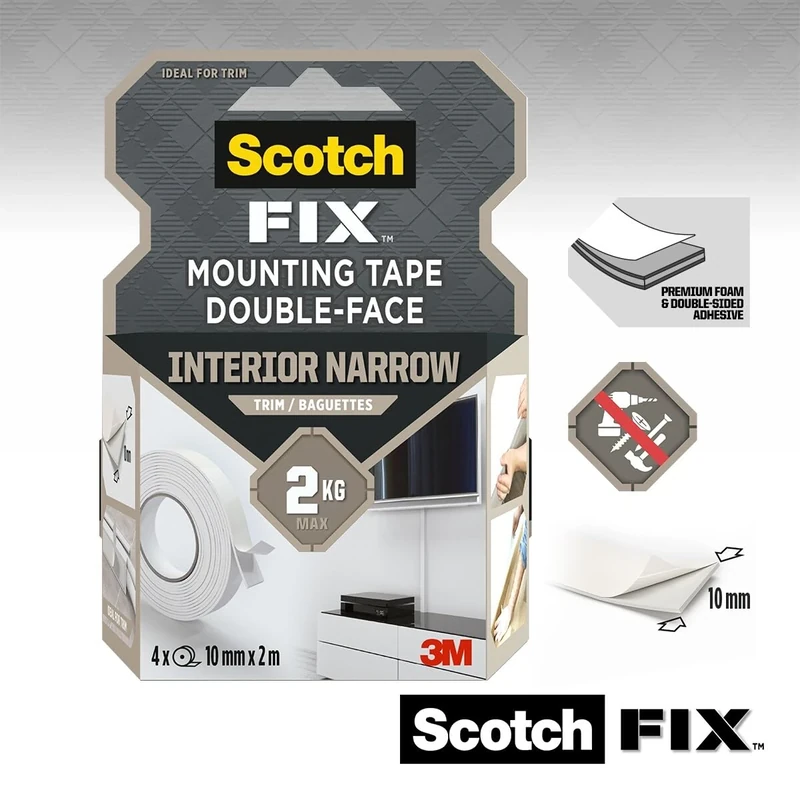 Scotch FIX Double Sided Finishing Tape – 4 Rolls – 10 mm x 2 m – For Mounting Skirting Boards and Electrical Ducts, Suitable for Various Internal Surfaces