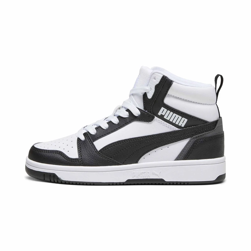 PUMA Unisex Kids Rebound V6 Mid Jr Sneaker, Puma White Puma Black Shadow Gray, 3 UK