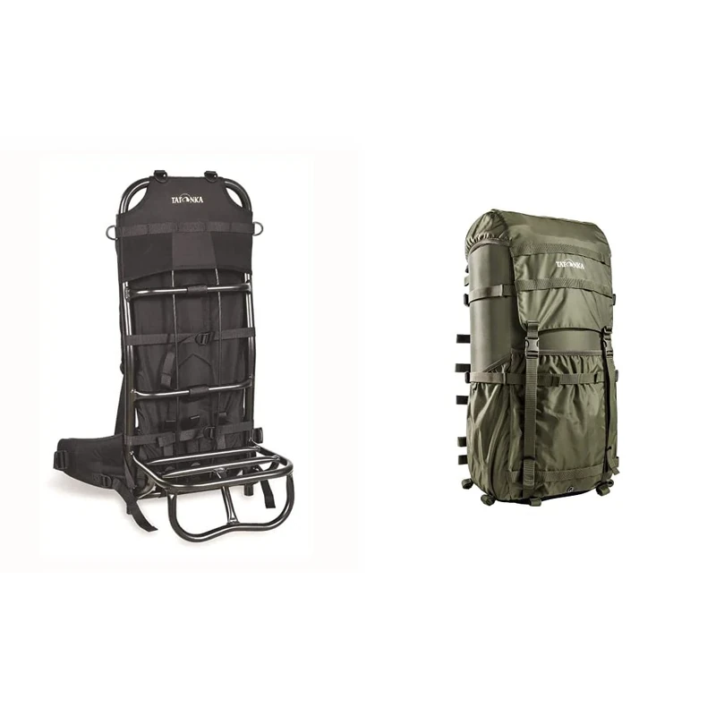 Tatonka Lastenkraxe Pack Frame - 78 x 35 x 28 cm, Black & Kraxe Unisex Adults' Rucksack with 2 Loads 66 x 34 x 25 cm Olive