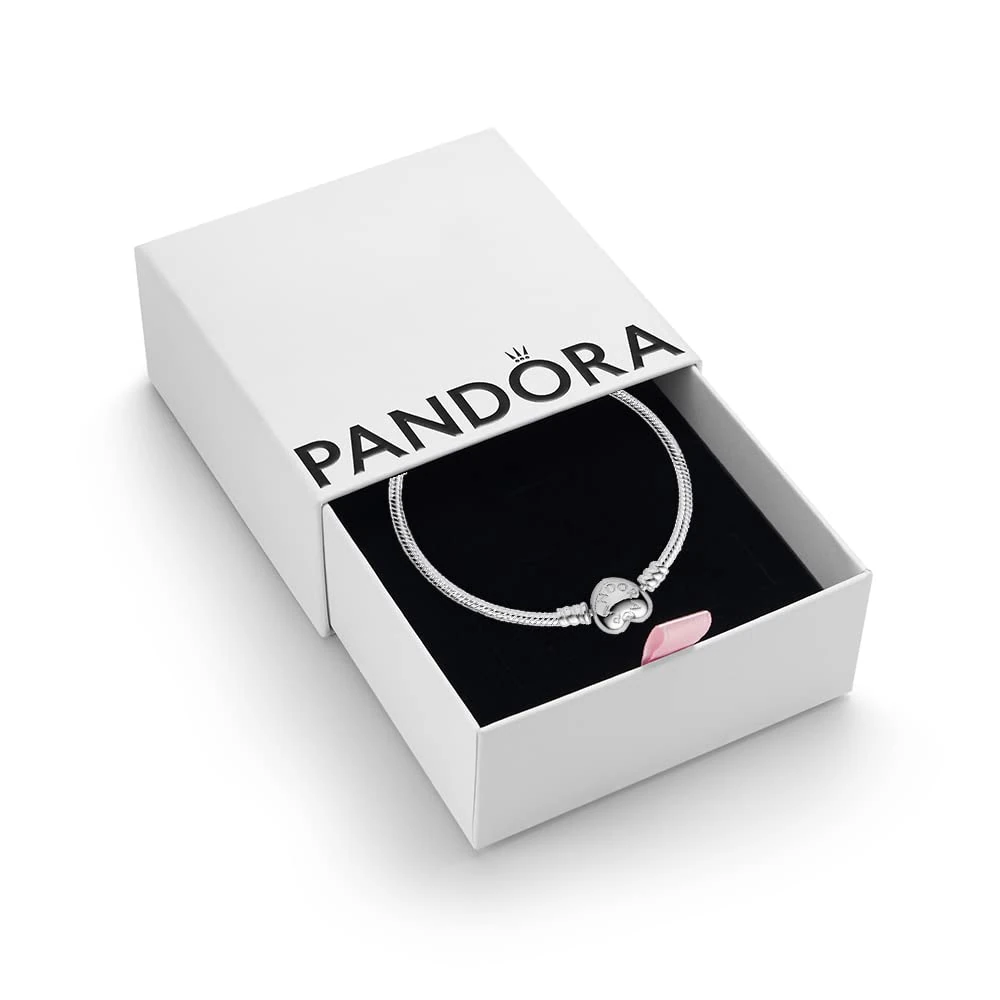 PANDORA Moments Women's Sterling Silver Heart Clasp Snake Chain Bracelet for Charms, Size 18, With Gift Box